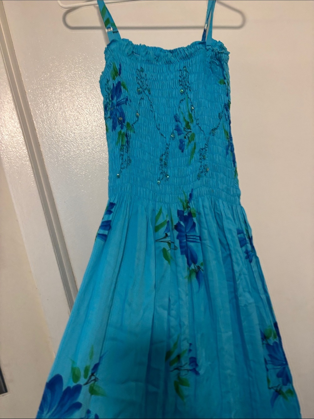 Vibrant  Blue Floral Smocked Maxi Dress/beach cover up Spaghetti Strap
